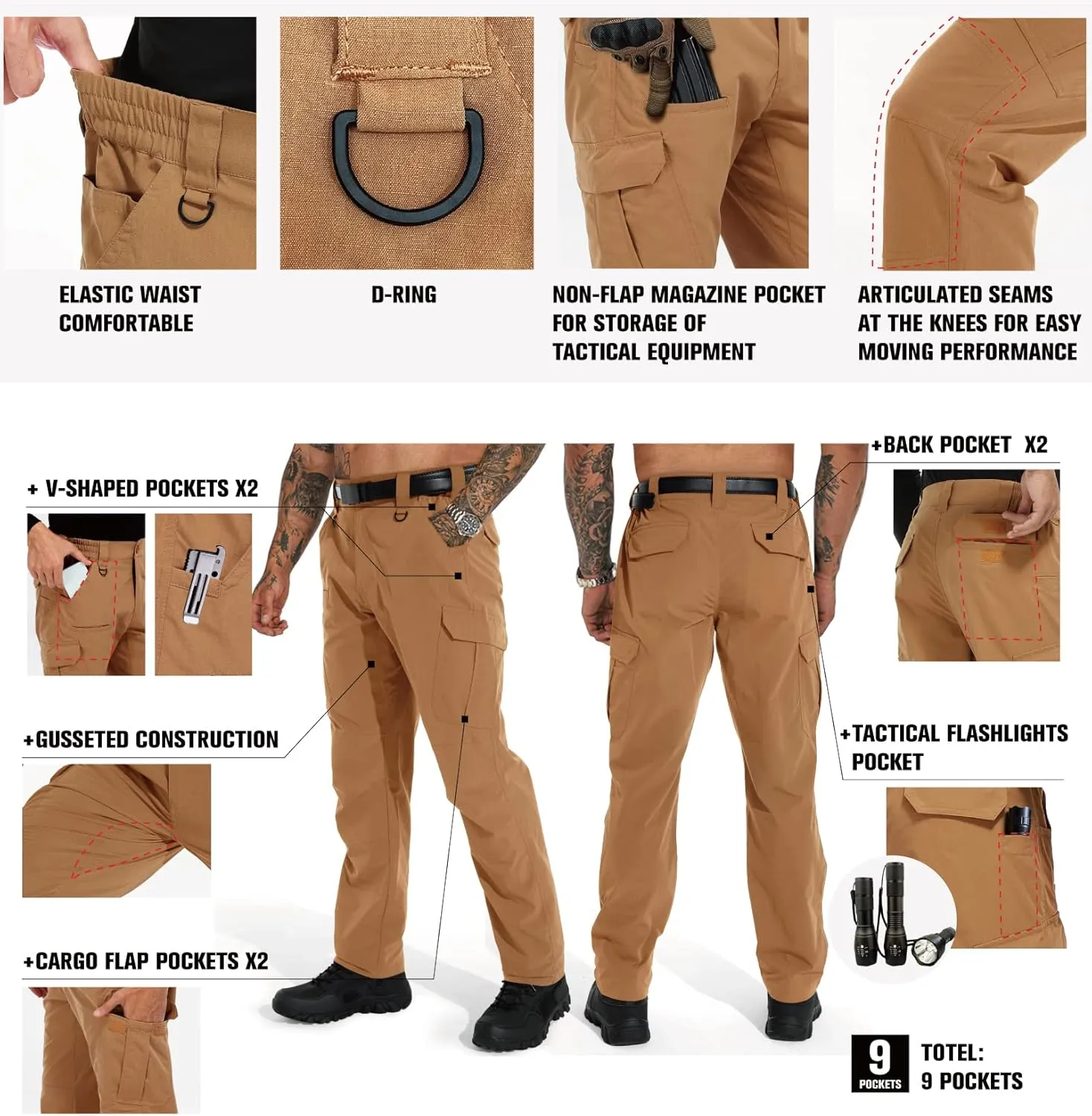 KFUBUO Men's Lightweight Ripstop Tactical Cargo Pants, Water Resistant Hiking Work Pants Relaxed Fit Black