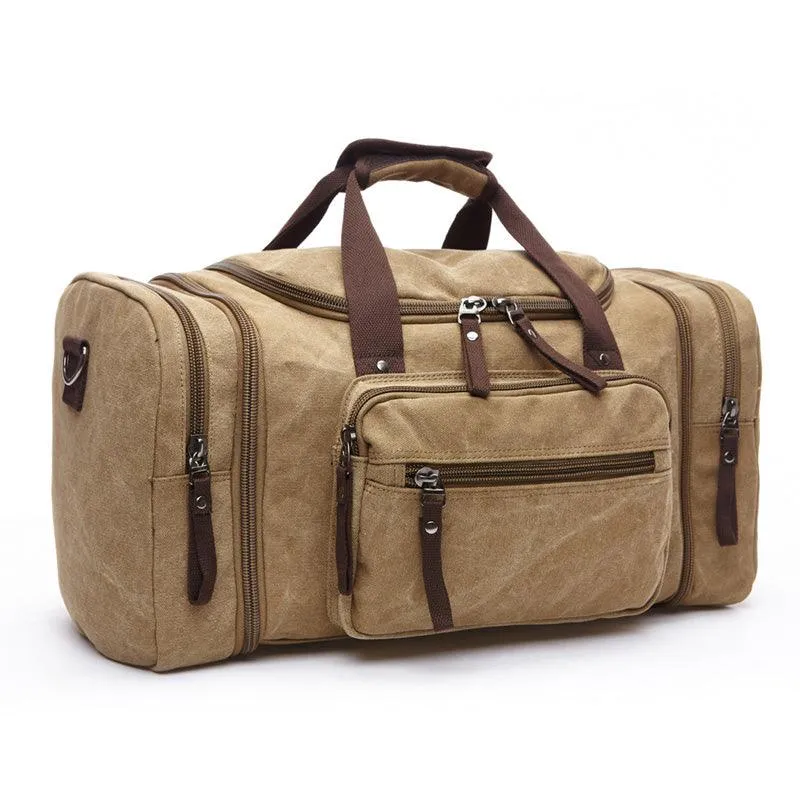 Khaki Vintage Canvas Gym Duffel unisex Travel Tote Bag