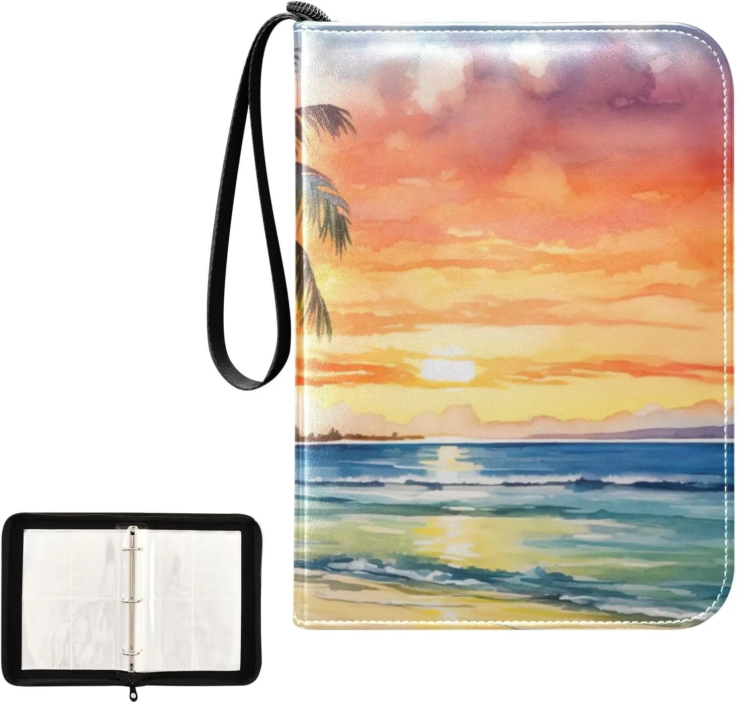 Kigai Beach at Sunset Painting Trading Card Binder, 4 Pockets Card Album with 400 Cards, Waterproof PU Zip Portable Card Holder for Sports Cards, Game Cards