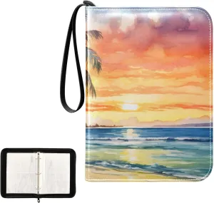 Kigai Beach at Sunset Painting Trading Card Binder, 4 Pockets Card Album with 400 Cards, Waterproof PU Zip Portable Card Holder for Sports Cards, Game Cards