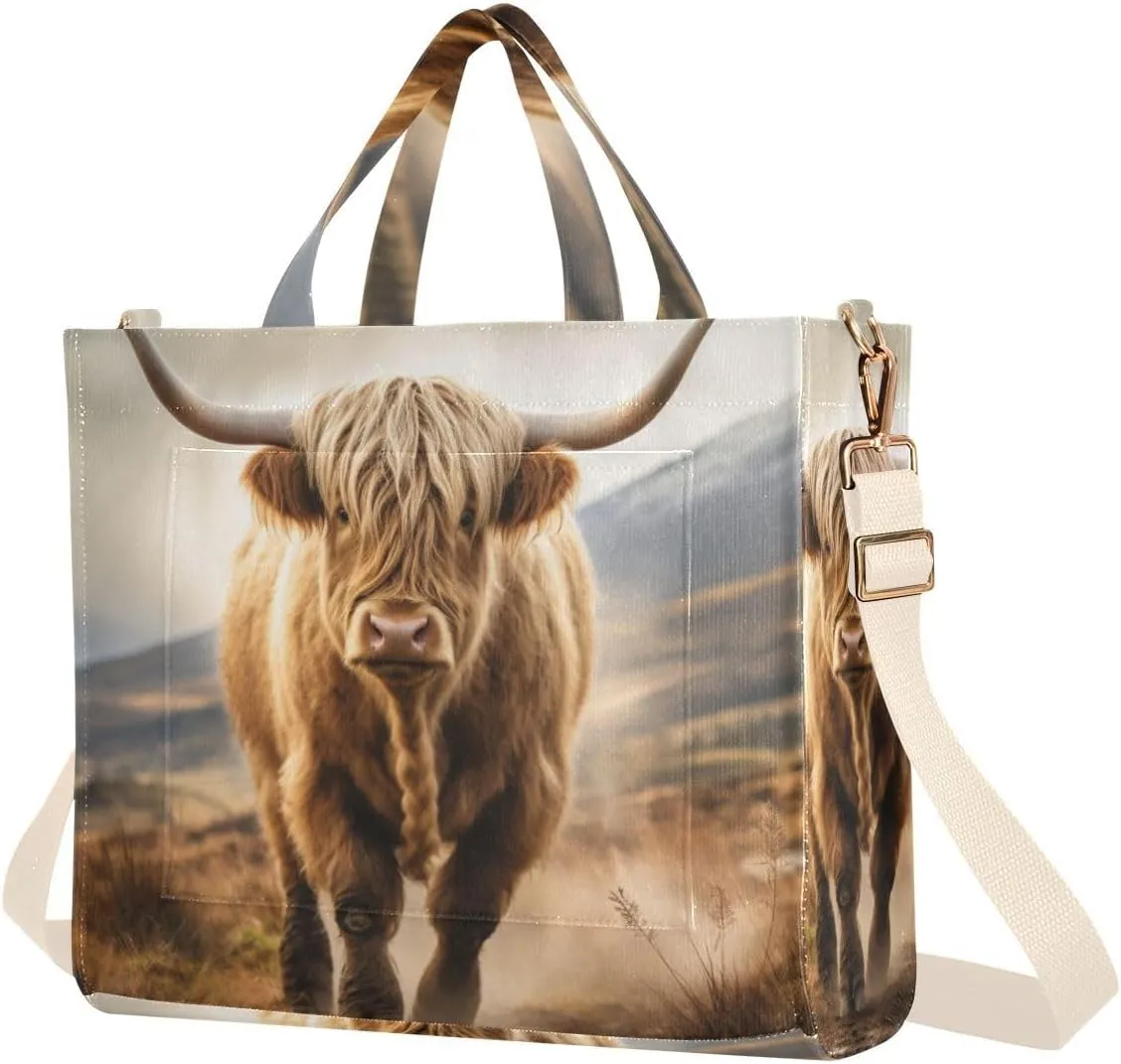 Kigai Highland Cow Corduroy Tote Bag for Women Hobo Crossbody Bag Purse Stylish Shoulder Handbag Messenger Bags, S