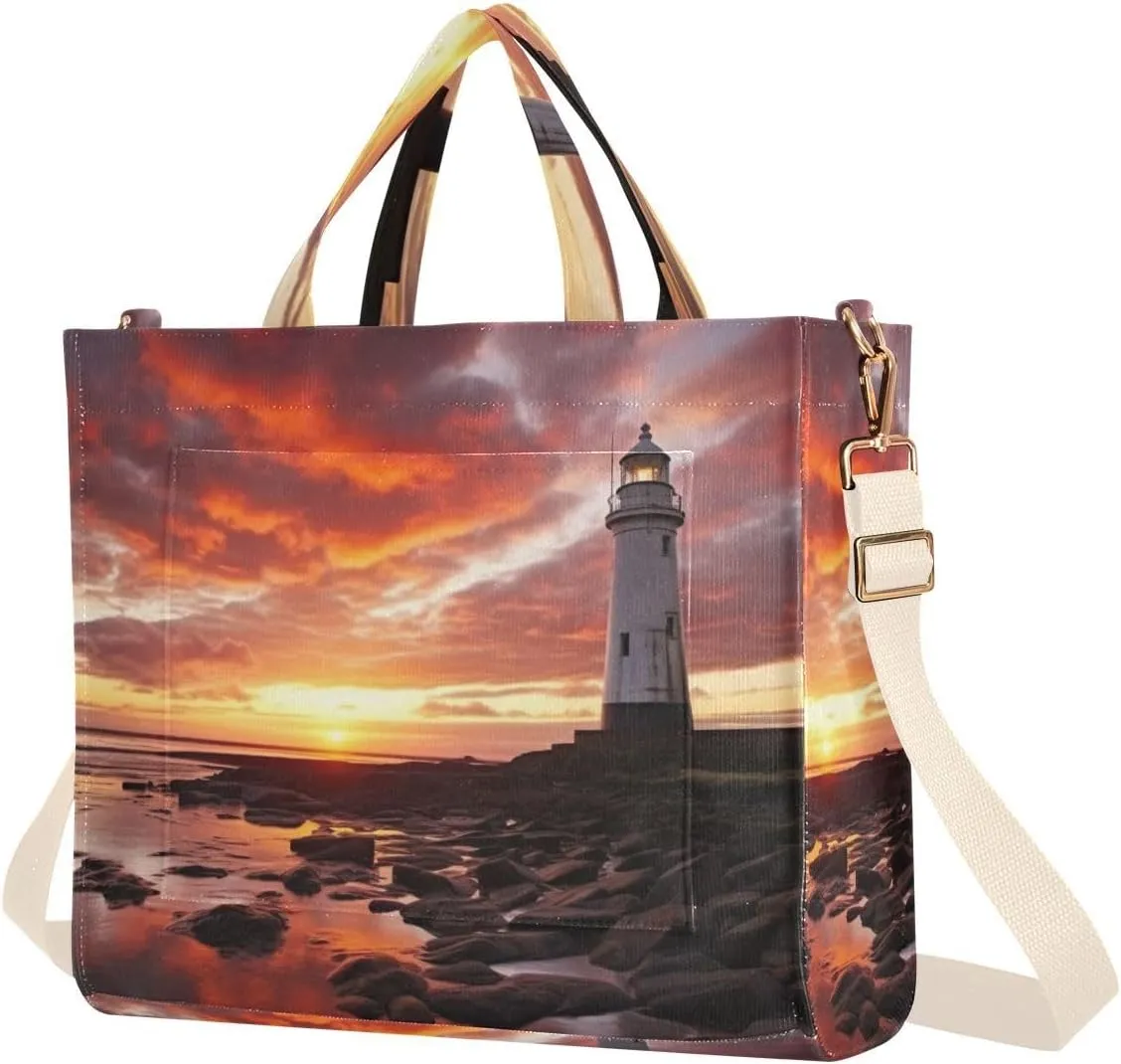 Kigai Sea Lighthouse Pattern Corduroy Tote Bag for Women Hobo Crossbody Bag Purse Stylish Shoulder Handbag Messenger Bags, S