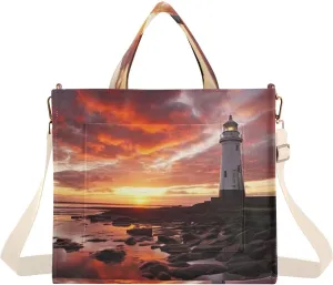 Kigai Sea Lighthouse Pattern Corduroy Tote Bag for Women Hobo Crossbody Bag Purse Stylish Shoulder Handbag Messenger Bags, S