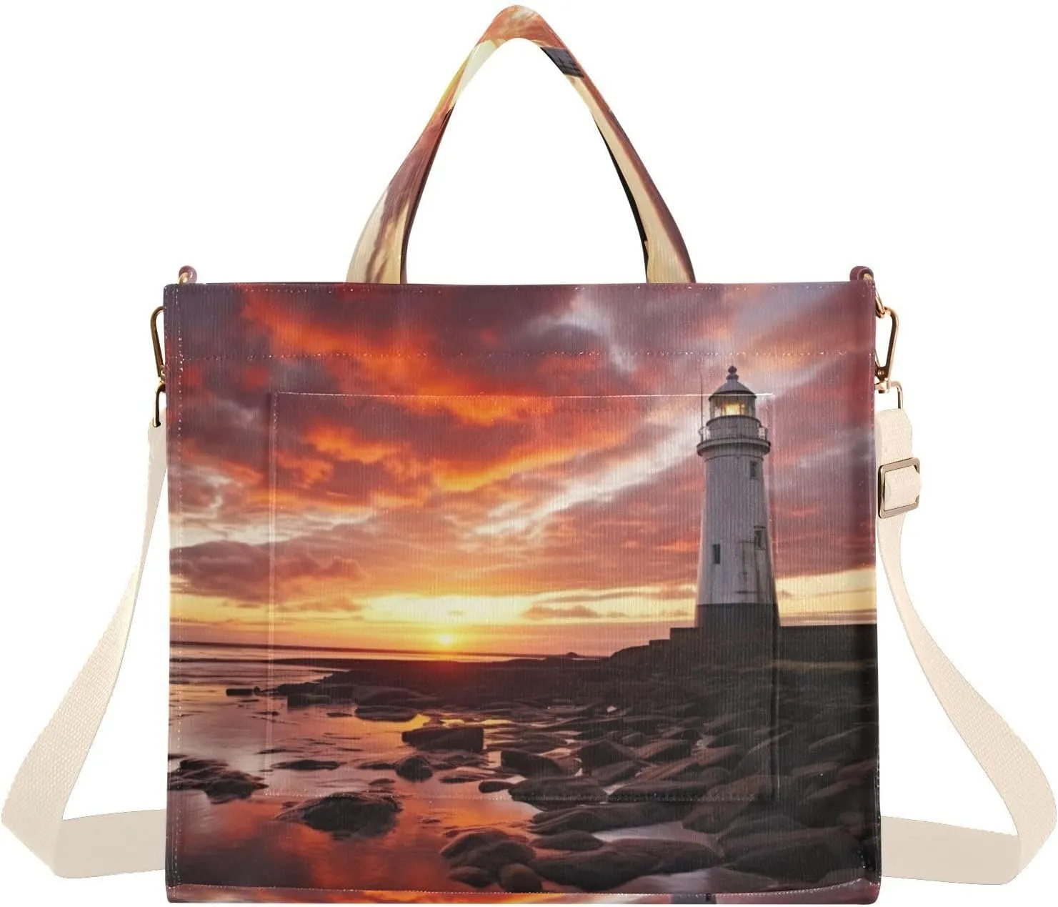 Kigai Sea Lighthouse Pattern Corduroy Tote Bag for Women Hobo Crossbody Bag Purse Stylish Shoulder Handbag Messenger Bags, S