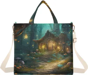 Kigai Tote Bag for Women Corduroy Tote Handbag with Zipper Shoulder Bag for Travel, Beach, Shopping, Hut in Forest