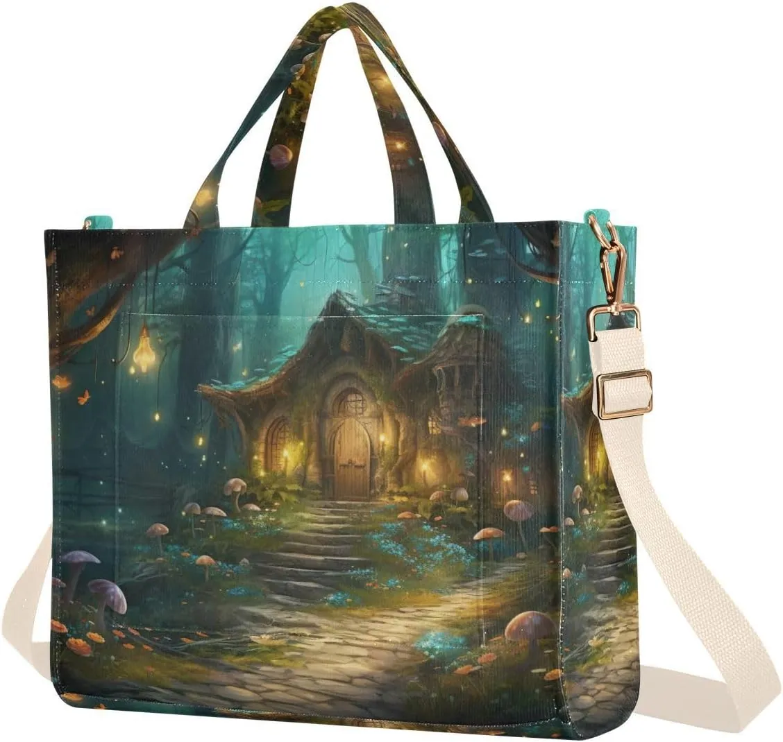 Kigai Tote Bag for Women Corduroy Tote Handbag with Zipper Shoulder Bag for Travel, Beach, Shopping, Hut in Forest