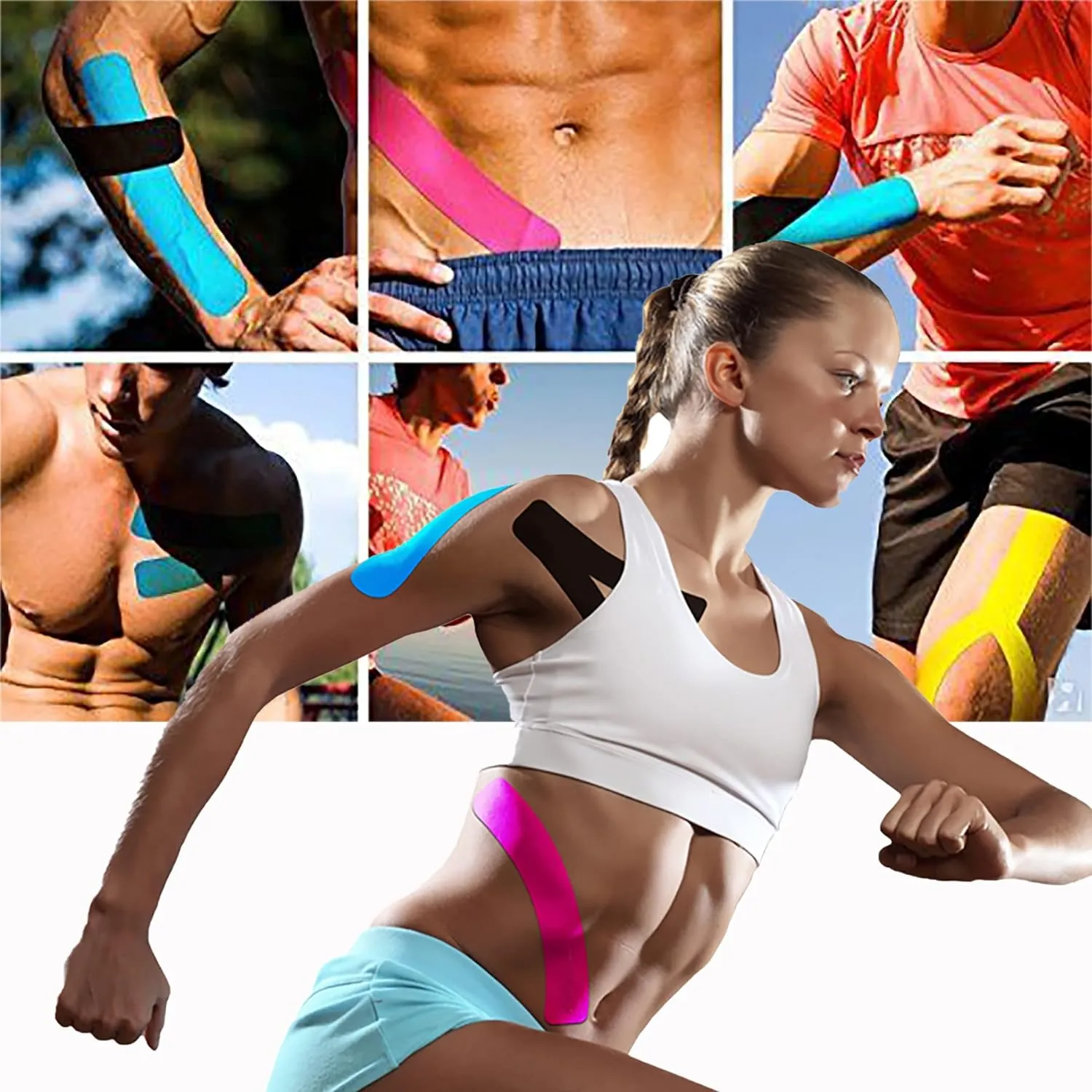 Kinesiology Tape Pro Athletic Sports Waterproof Breathable Athletic Elastic Kneepad Muscles & Joints Pain Relief Knee Taping for Gym Fitness Running Tennis Swimming Football (Mix, 60 Strips)