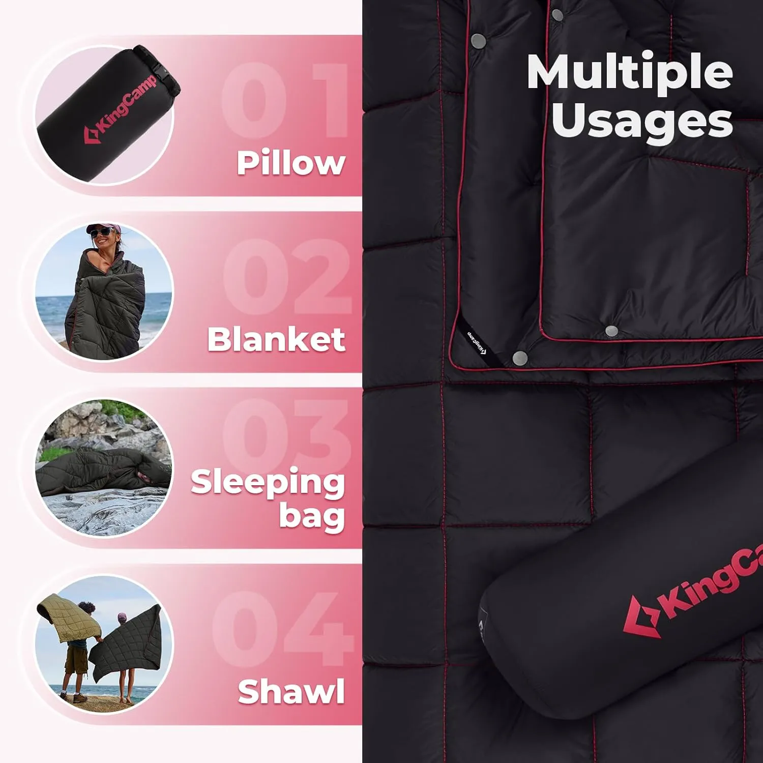 KingCamp Down Camping Blanket - Lightweight, Multifunctional Quilt for Camping with Snap Button, Portable for Stadium, Travel, Airplane, Picnic, Indoor & Outdoor, Provides Warmth