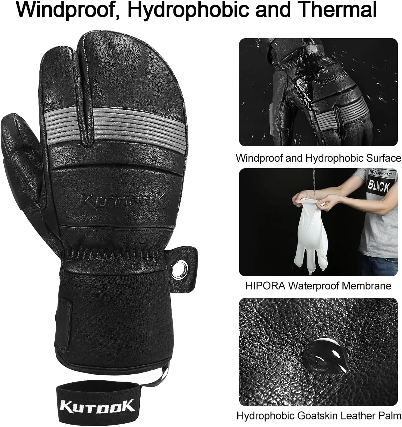 KUTOOK Ski Mittens Three Fingers Thermal 3M Thinsulate Waterproof Snowboard Gloves Winter for Cold Weather Snowmobile