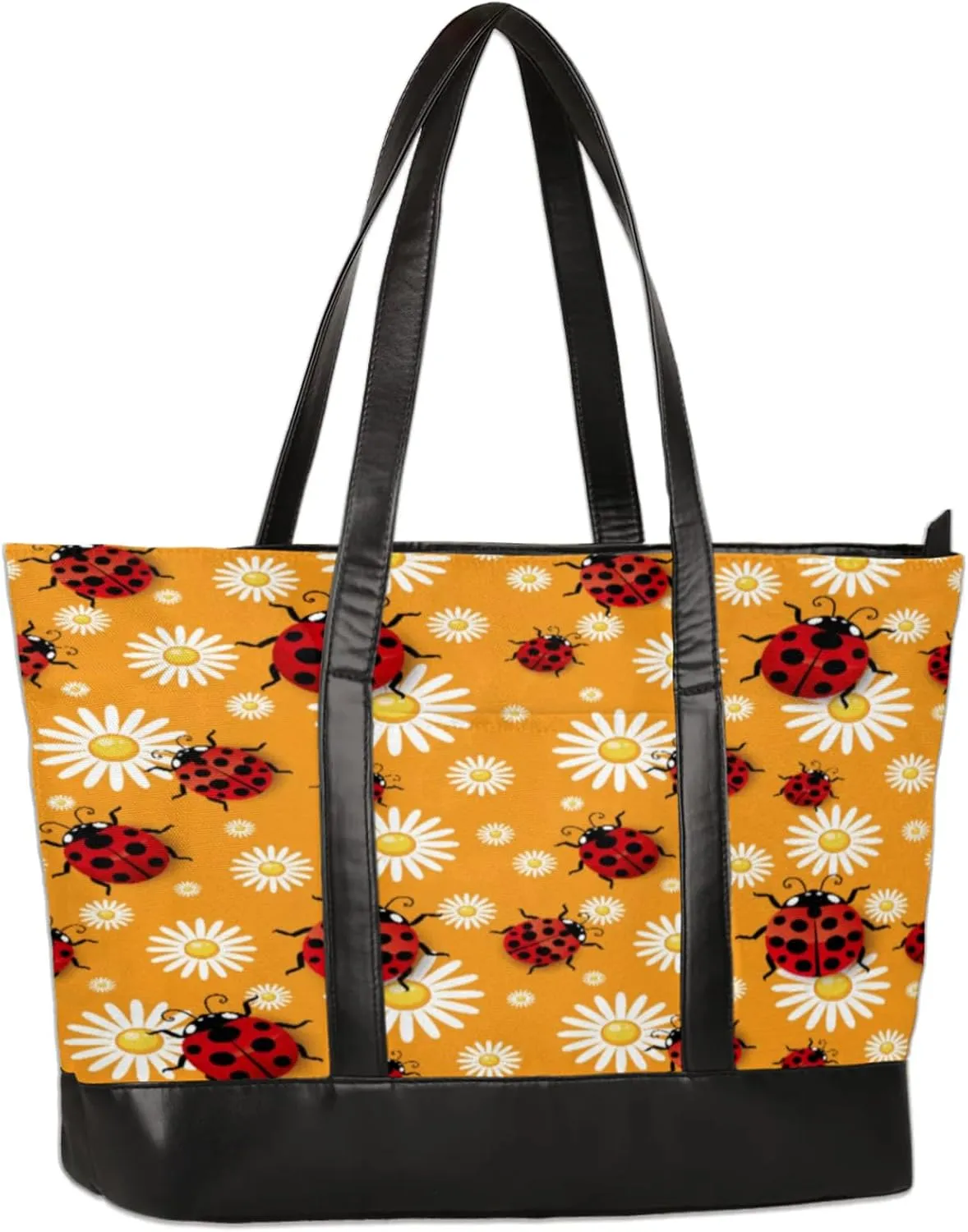 Ladybird Chrysanthemum Flowers Laptop Tote Bag for Women Lightweight Work Purse with Multiple Compartments Fits 13-15.6 Inch Laptop Tablet Shoulder Bag for Office Travel Daily Use