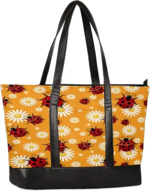 Ladybird Chrysanthemum Flowers Laptop Tote Bag for Women Lightweight Work Purse with Multiple Compartments Fits 13-15.6 Inch Laptop Tablet Shoulder Bag for Office Travel Daily Use