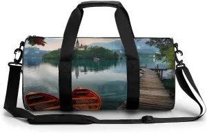 Lake Bled Slovenia Church on The Island Gym Bag Cylindrical Sports Bag Travel Duffel Bag with Shoulder Strap