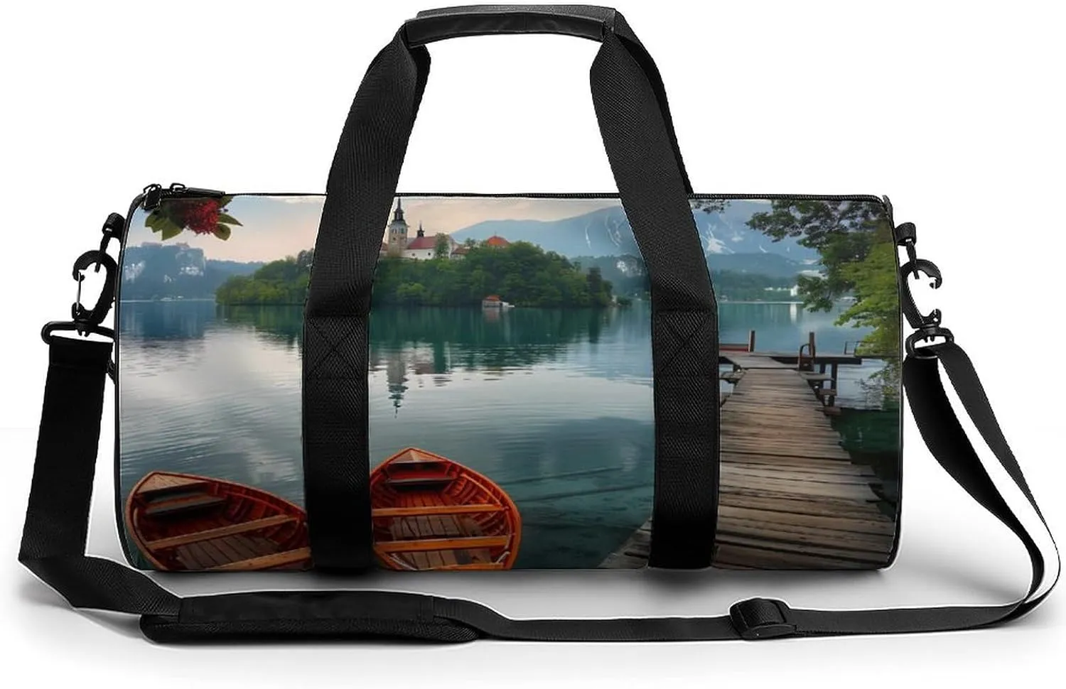 Lake Bled Slovenia Church on The Island Gym Bag Cylindrical Sports Bag Travel Duffel Bag with Shoulder Strap