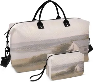 Lakeside Cottage Landscape Beige Sports Gym Bag for Women Men Travel Duffel Bag Weekend Overnight Carry on Bag with Toiletry Bag Training Handbag for Workout Swimming Yoga Plane Hospital