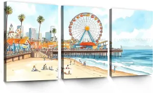 LANZHENZHENART 3Pcs Watercolor Santa Monica Pier Wall Art Pacific Ferris Wheel Canvas Painting Prints For Home Dining Room Living Room Wall Decor Poster Artwork(12" x 18" x 3 Panels Framed)