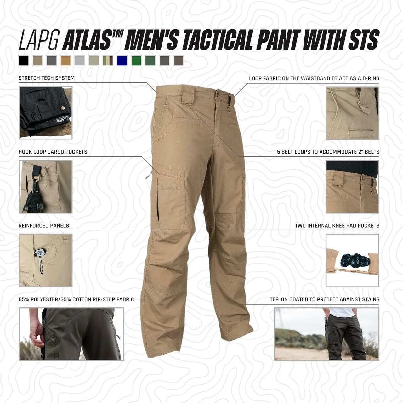 LAPG Men's Atlas Stretch Tactical Cargo Pants, Durable & Lightweight Ripstop Work Pants, Outdoor Hiking Pants for Men
