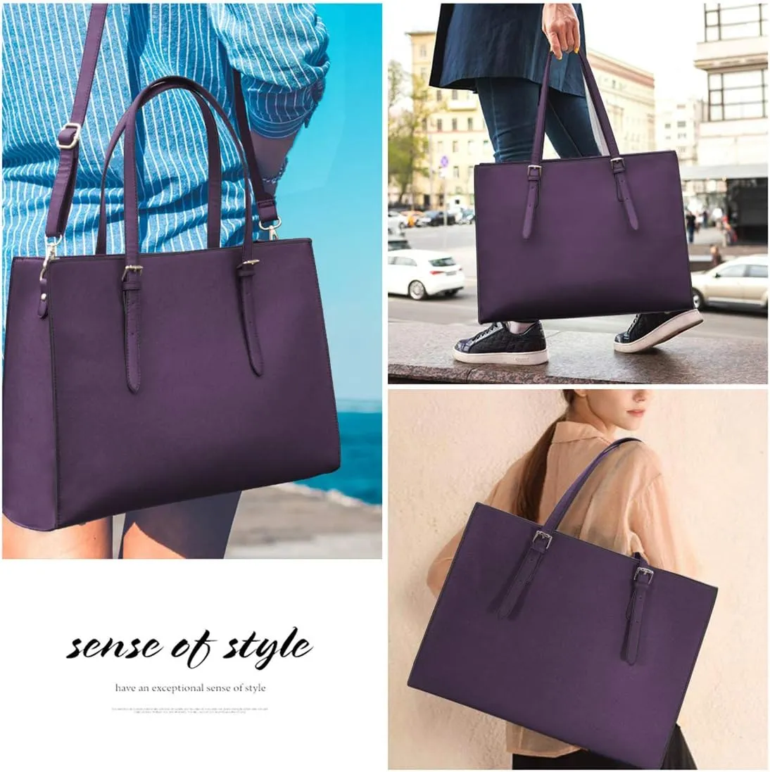 Laptop Bag for Women Waterproof Lightweight Leather 15.6 Inch Computer Tote Bag Business Office Briefcase Large Capacity Handbag Shoulder Bag Professional Office Work Bag Dark Purple