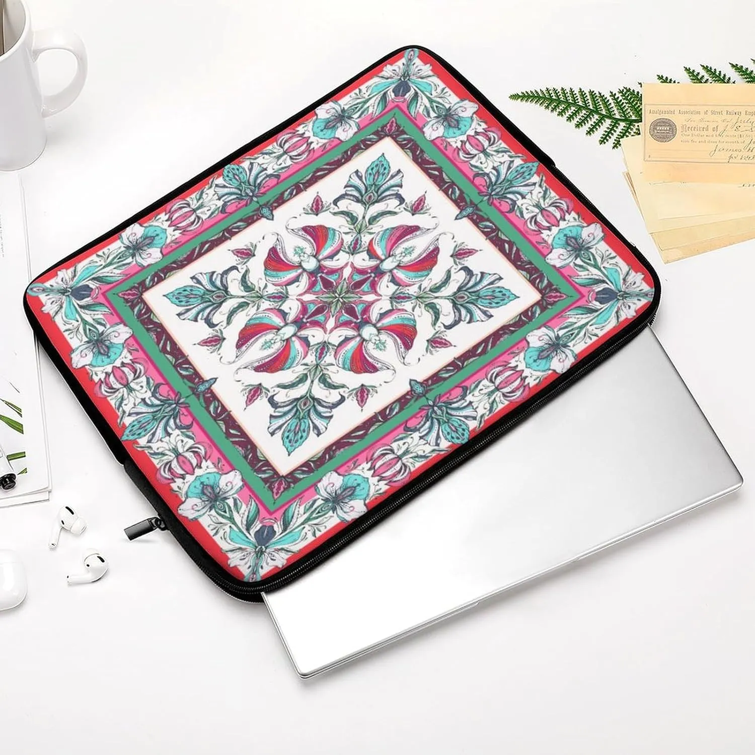 Laptop Bag Symmetrical Flowers Green Red Floral Laptop Sleeve Computers Shock Resistant Carrying Case Cover 15inch Notebook Zipper Protective Bag for Men Women Office Travel Camping
