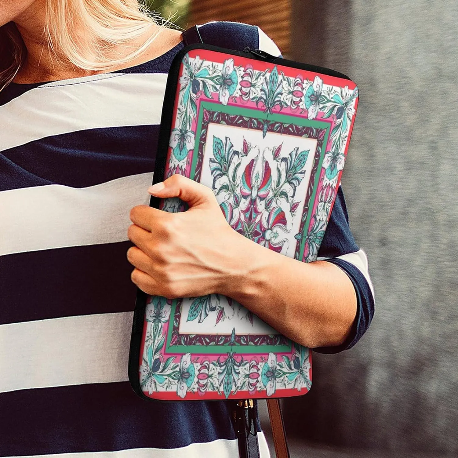 Laptop Bag Symmetrical Flowers Green Red Floral Laptop Sleeve Computers Shock Resistant Carrying Case Cover 15inch Notebook Zipper Protective Bag for Men Women Office Travel Camping