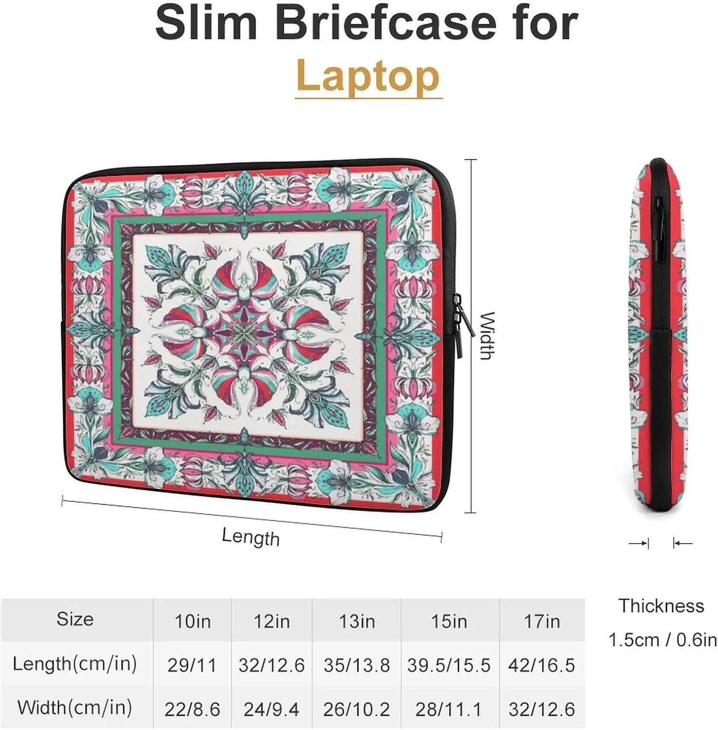 Laptop Bag Symmetrical Flowers Green Red Floral Laptop Sleeve Computers Shock Resistant Carrying Case Cover 15inch Notebook Zipper Protective Bag for Men Women Office Travel Camping