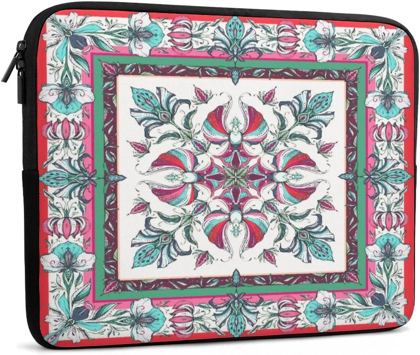 Laptop Bag Symmetrical Flowers Green Red Floral Laptop Sleeve Computers Shock Resistant Carrying Case Cover 15inch Notebook Zipper Protective Bag for Men Women Office Travel Camping