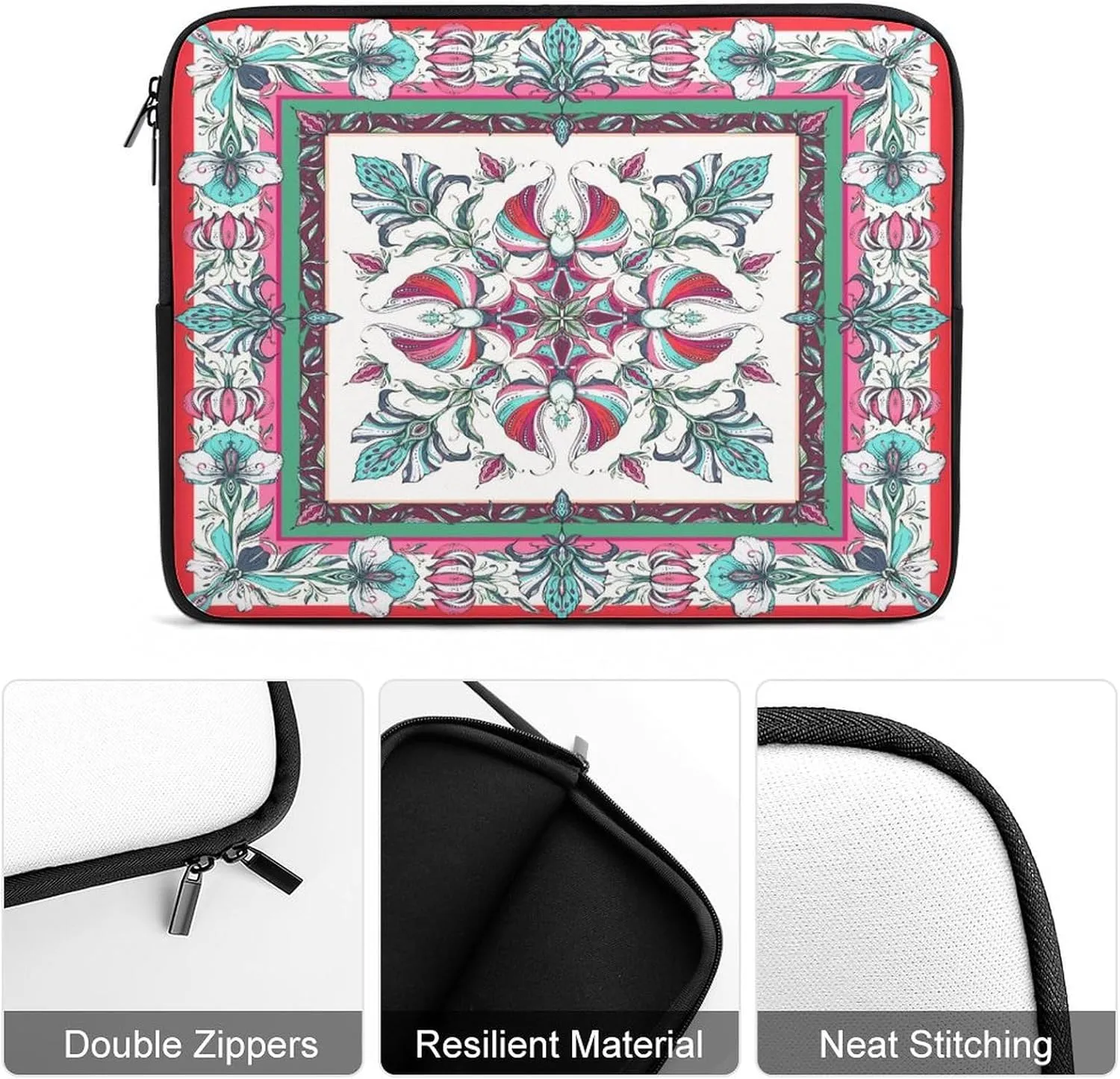 Laptop Bag Symmetrical Flowers Green Red Floral Laptop Sleeve Computers Shock Resistant Carrying Case Cover 15inch Notebook Zipper Protective Bag for Men Women Office Travel Camping