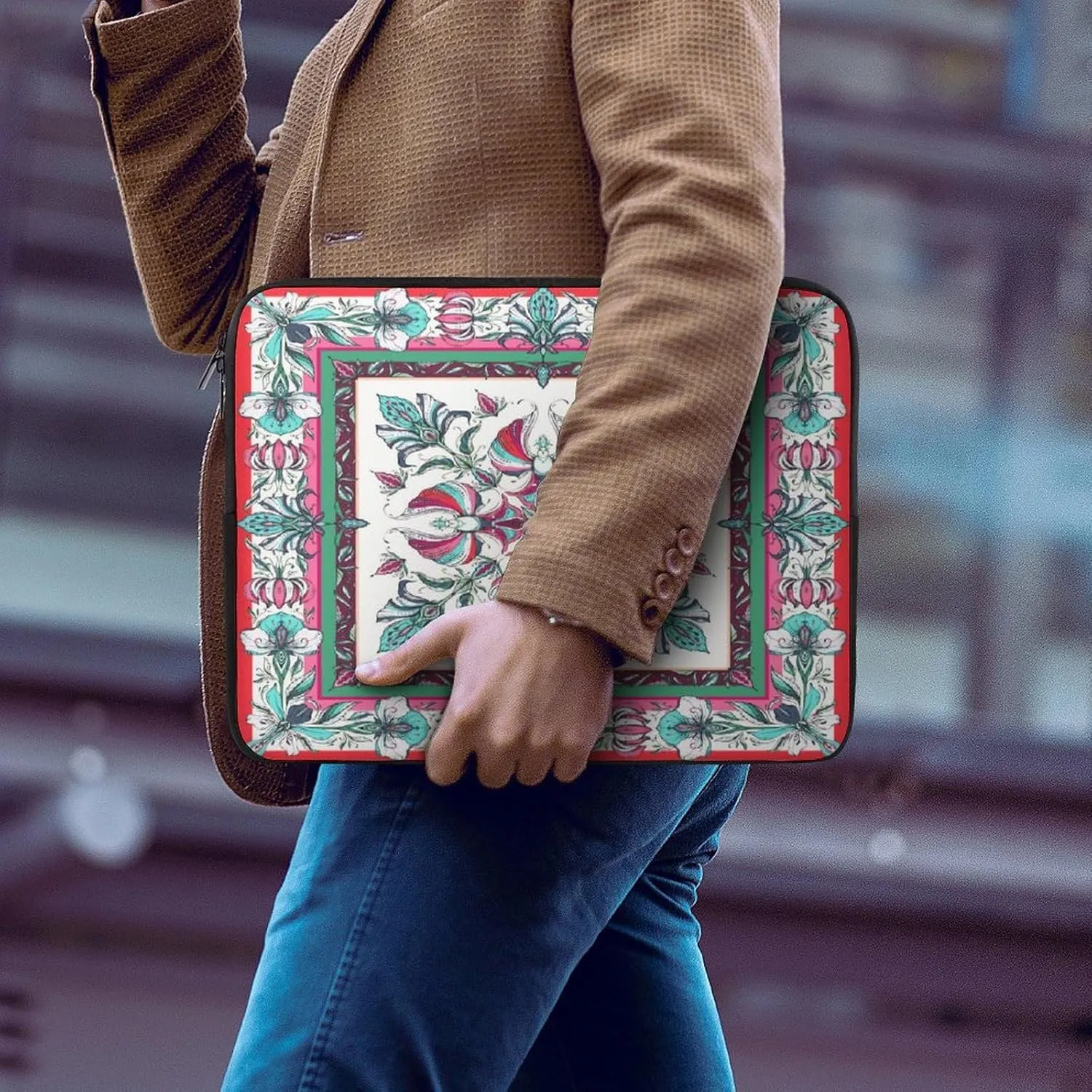 Laptop Bag Symmetrical Flowers Green Red Floral Laptop Sleeve Computers Shock Resistant Carrying Case Cover 15inch Notebook Zipper Protective Bag for Men Women Office Travel Camping