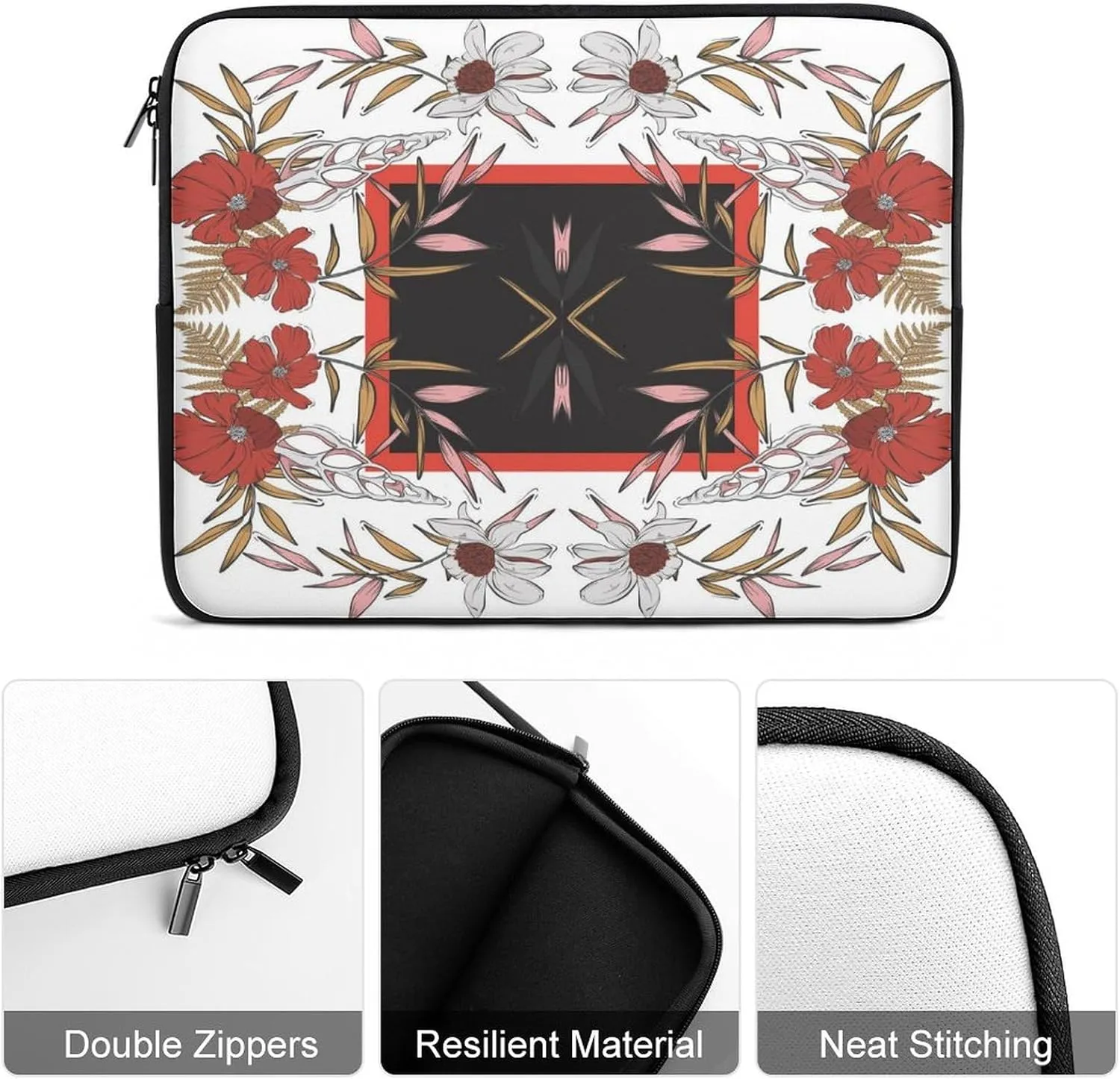 Laptop Bag Symmetrical Flowers White Floral Laptop Sleeve Computers Shock Resistant Carrying Case Cover 17inch Notebook Zipper Protective Bag for Men Women Office Travel Camping