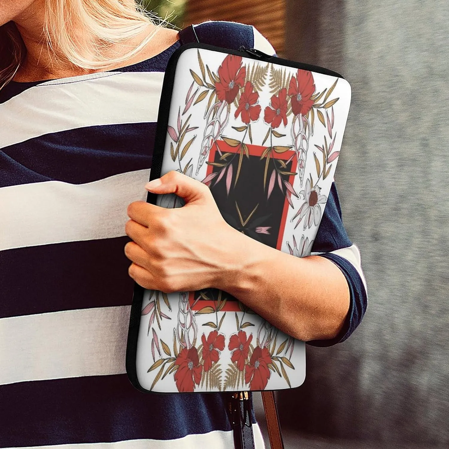 Laptop Bag Symmetrical Flowers White Floral Laptop Sleeve Computers Shock Resistant Carrying Case Cover 17inch Notebook Zipper Protective Bag for Men Women Office Travel Camping