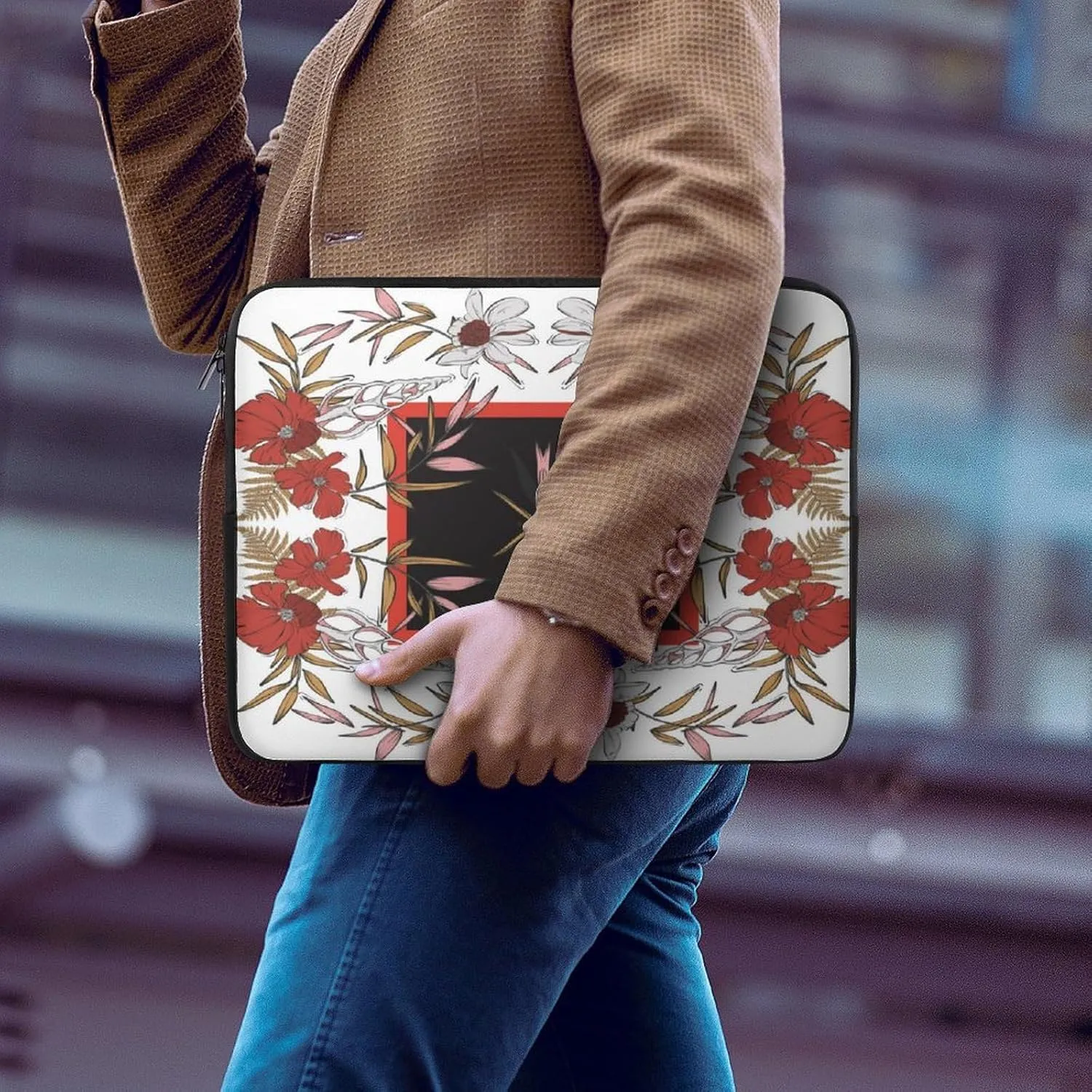 Laptop Bag Symmetrical Flowers White Floral Laptop Sleeve Computers Shock Resistant Carrying Case Cover 17inch Notebook Zipper Protective Bag for Men Women Office Travel Camping