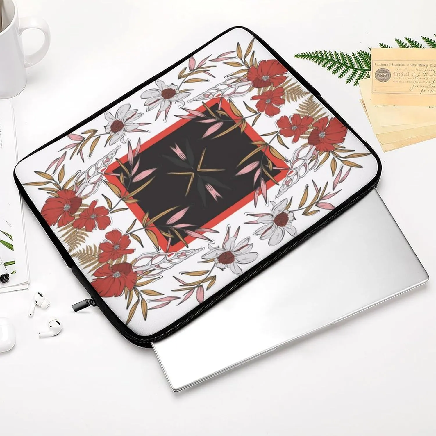 Laptop Bag Symmetrical Flowers White Floral Laptop Sleeve Computers Shock Resistant Carrying Case Cover 17inch Notebook Zipper Protective Bag for Men Women Office Travel Camping