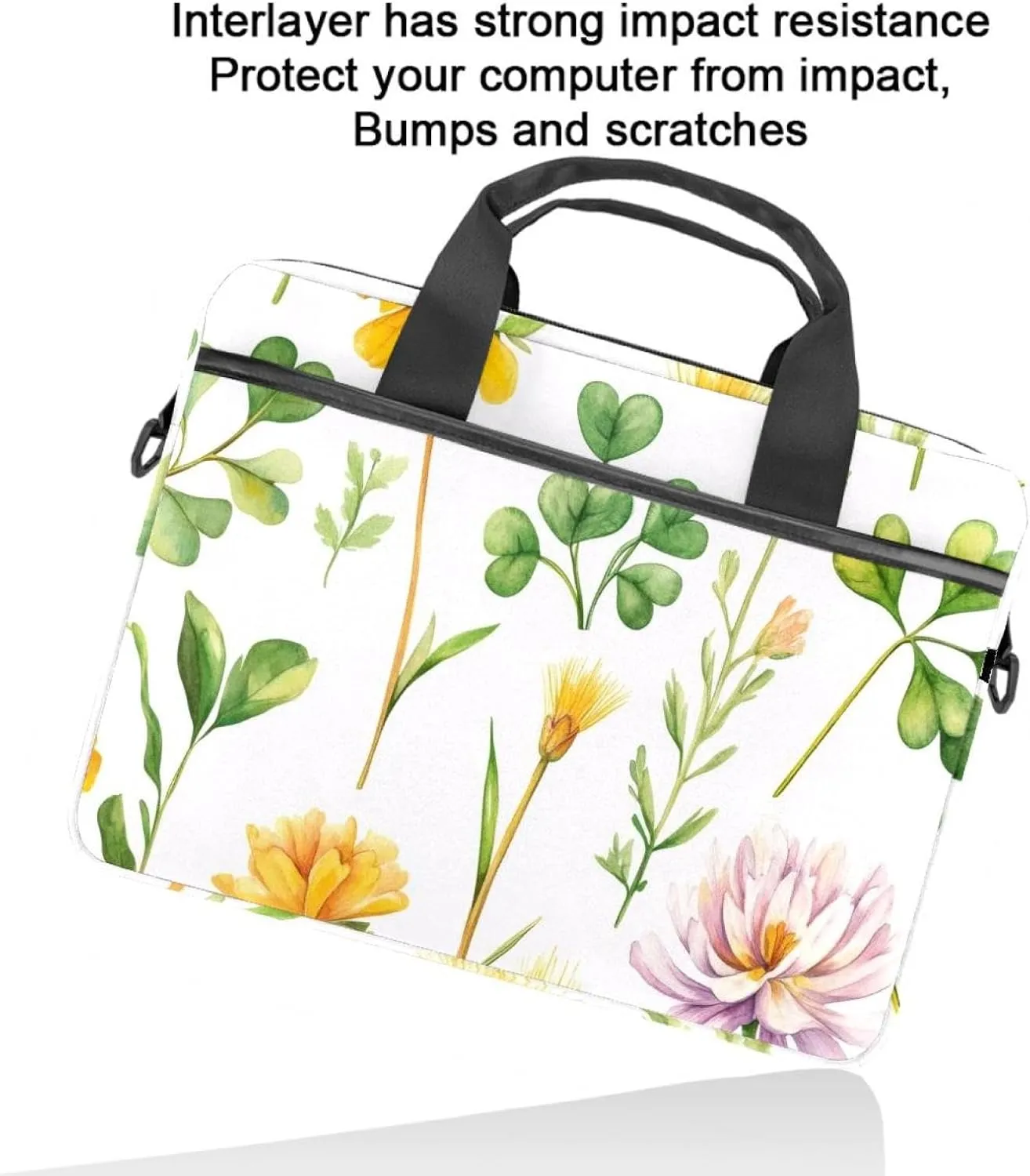 Laptop Shoulder Bag Watercolor Leaves Twigs Pattern Padded Computer Briefcase for Adults, 13.4-14.5 Inch