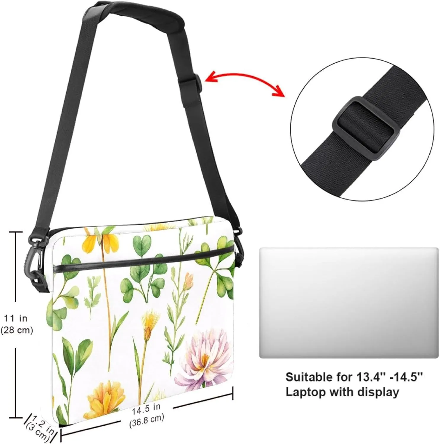 Laptop Shoulder Bag Watercolor Leaves Twigs Pattern Padded Computer Briefcase for Adults, 13.4-14.5 Inch