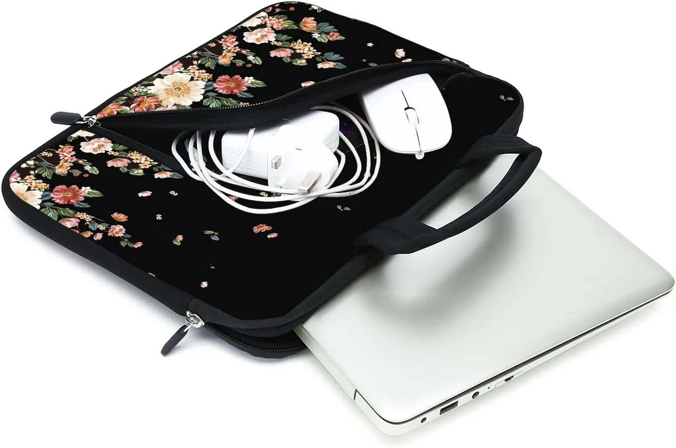 Laptop Sleeve 14 15 15.4 15.6 Chromebook Case Ultrabook Case Notebook Sleeve PC Messenger Bag Tablet Case Neoprene Handle Sleeve for Men Women, Two Pockets (Flowers)