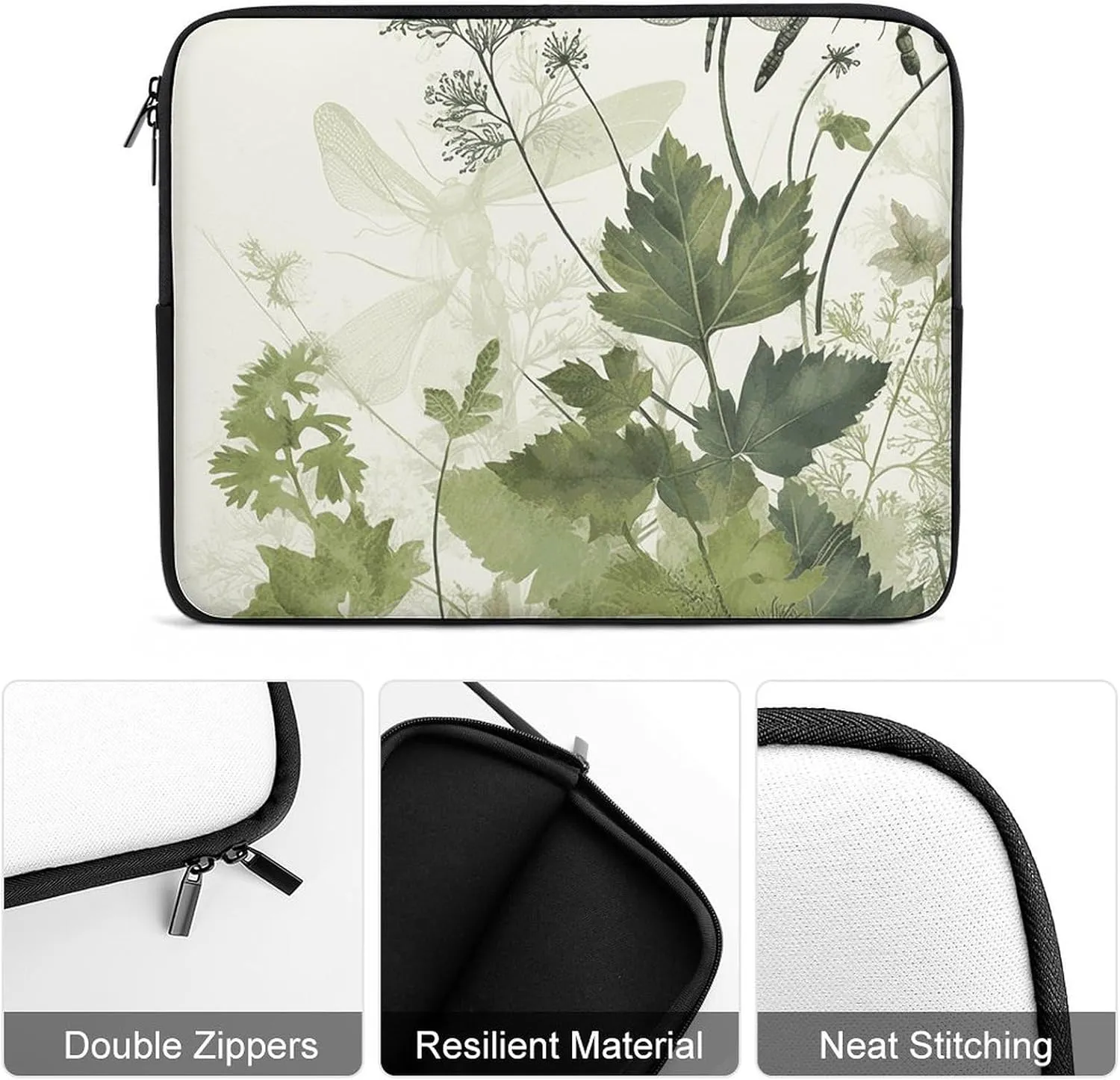 Laptop Sleeve Bag 13inch Slim Computer Carrying Bag Foliage and Herbs with Dragonflies Winged Laptop Protective Case Briefcase Handbag