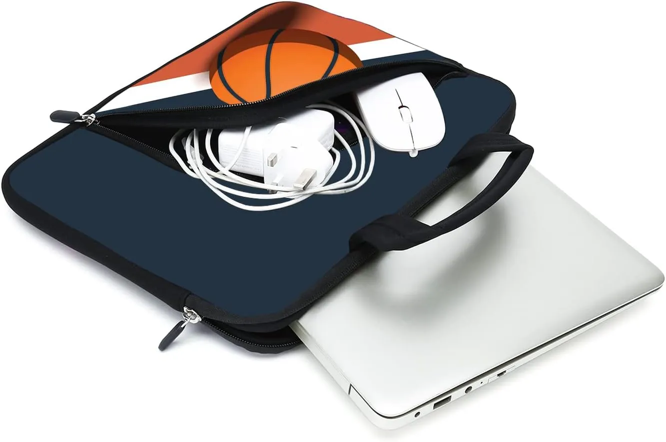 Laptop Sleeve for 14-15.6" Chromebook, Ultrabook & Notebook - Neoprene Case with Handle & Two Pockets (Basketball)