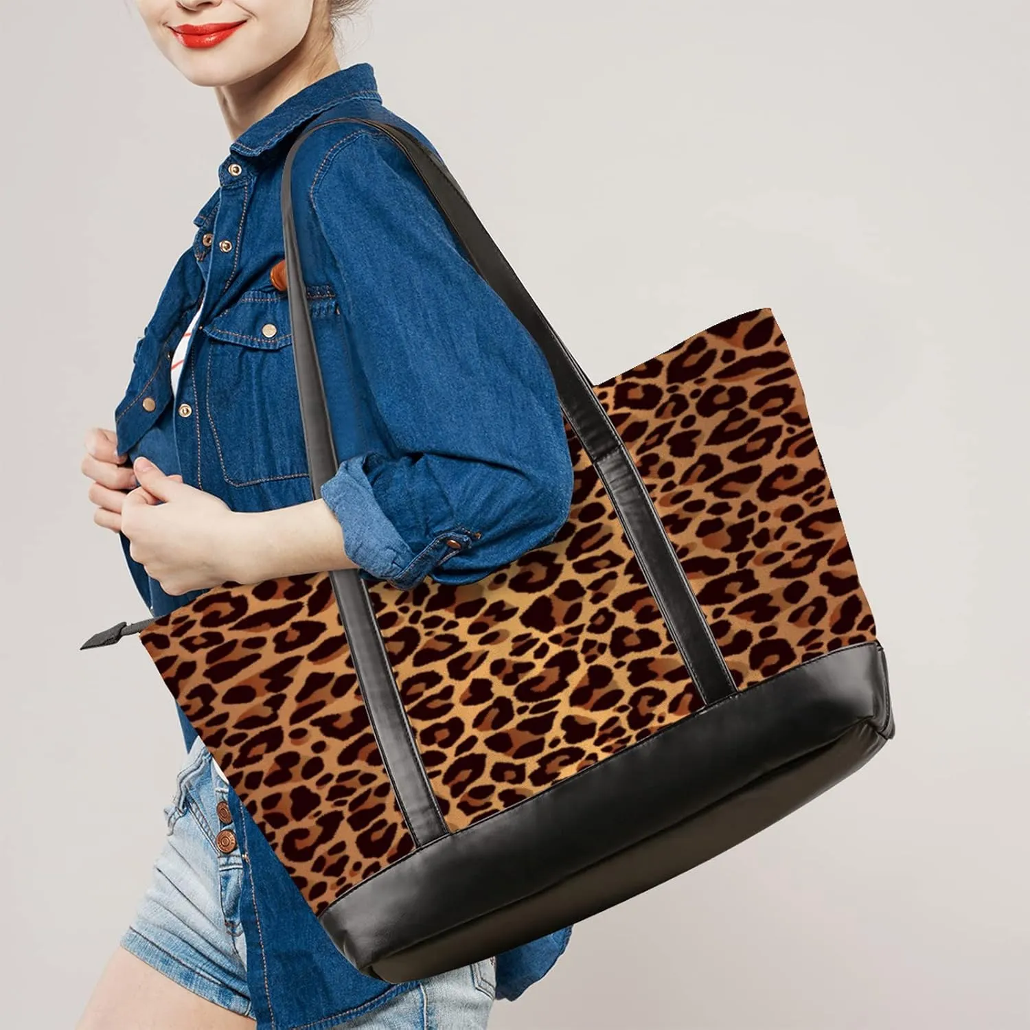 Laptop Tote Bag for Women 15.6 inch Leopard Cheetah Computer Briefcase Leather Shoulder Bag Handbag