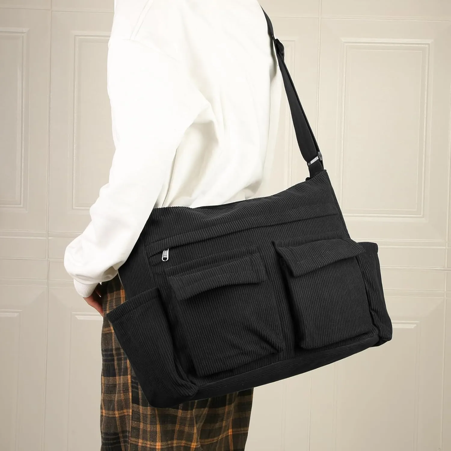 Large Corduroy Tote Bag for School 15.6 Inch Laptop Women Messenger Crossbody Bag