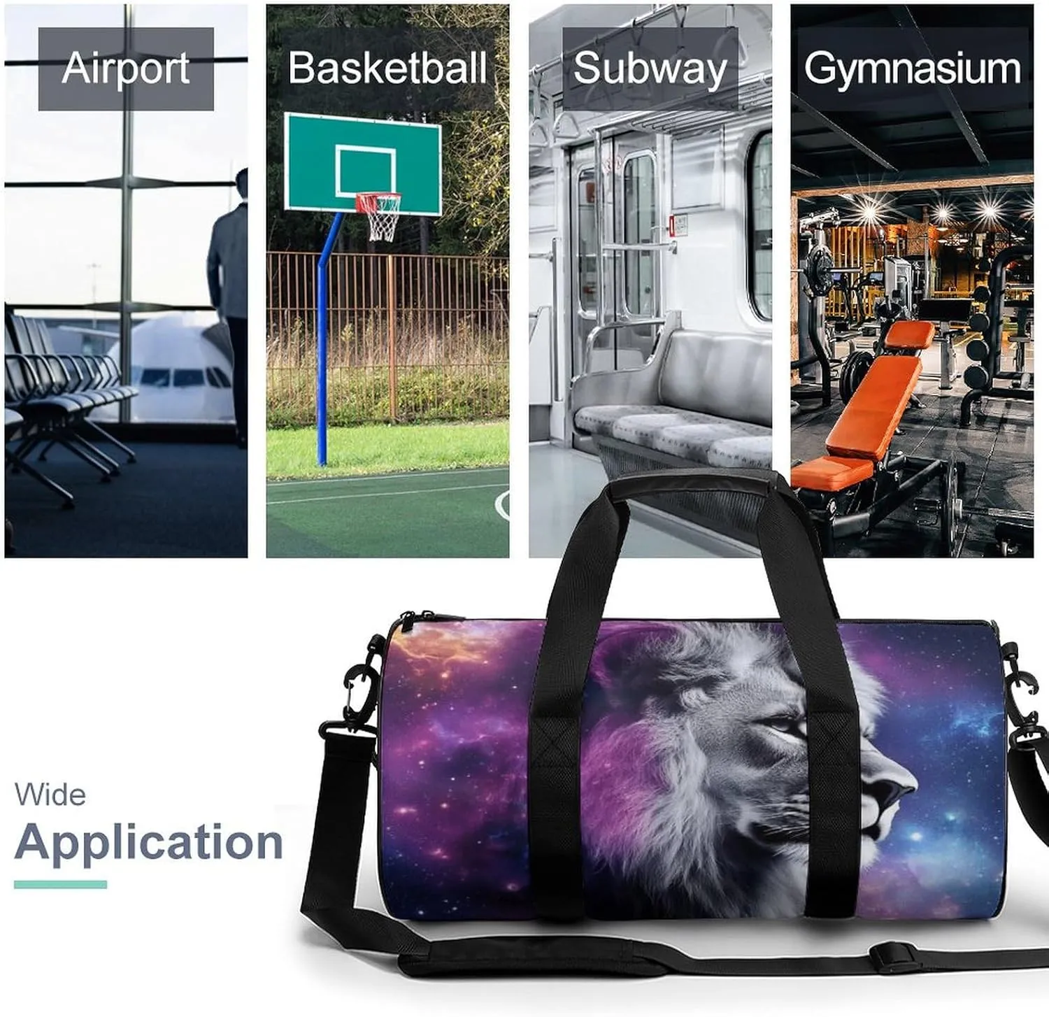 Large Duffel Backpack for Men Women, Waterproof Gym Sports Bag Purple Galaxy Lion Starry Art Weekender Overnight Bag for Travel Yoga