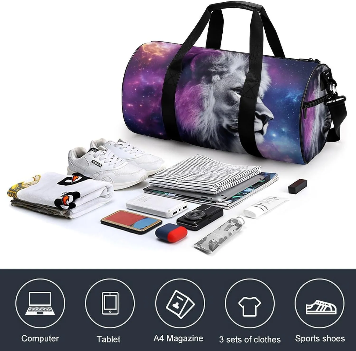 Large Duffel Backpack for Men Women, Waterproof Gym Sports Bag Purple Galaxy Lion Starry Art Weekender Overnight Bag for Travel Yoga
