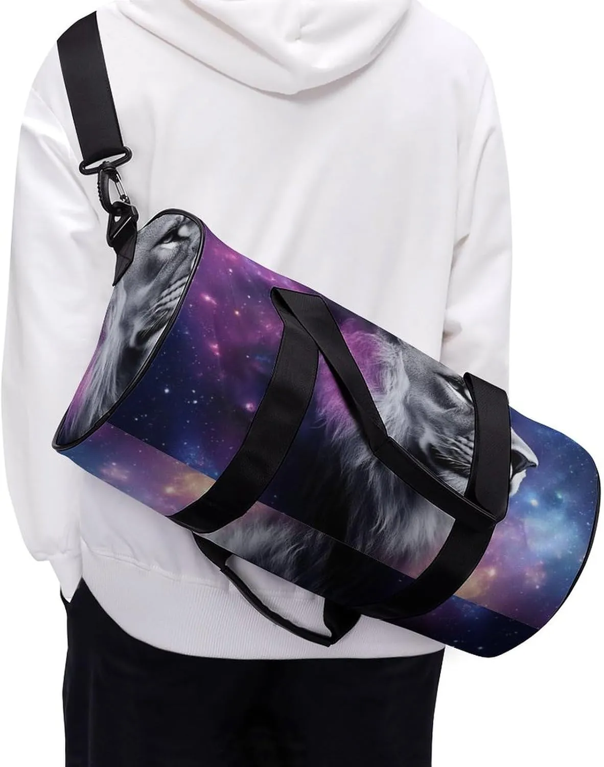 Large Duffel Backpack for Men Women, Waterproof Gym Sports Bag Purple Galaxy Lion Starry Art Weekender Overnight Bag for Travel Yoga