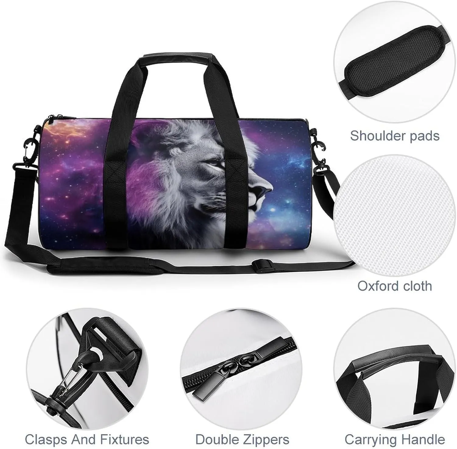 Large Duffel Backpack for Men Women, Waterproof Gym Sports Bag Purple Galaxy Lion Starry Art Weekender Overnight Bag for Travel Yoga