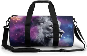Large Duffel Backpack for Men Women, Waterproof Gym Sports Bag Purple Galaxy Lion Starry Art Weekender Overnight Bag for Travel Yoga