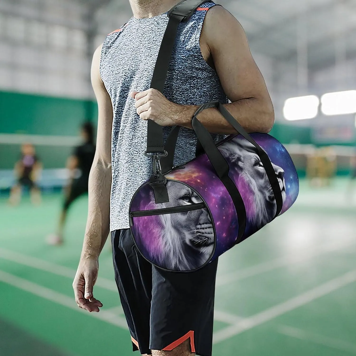 Large Duffel Backpack for Men Women, Waterproof Gym Sports Bag Purple Galaxy Lion Starry Art Weekender Overnight Bag for Travel Yoga
