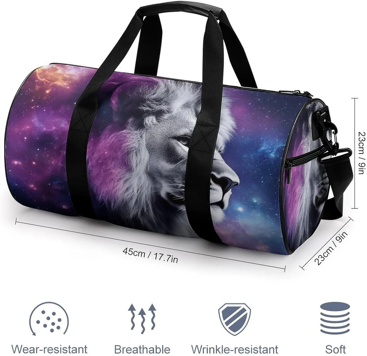 Large Duffel Backpack for Men Women, Waterproof Gym Sports Bag Purple Galaxy Lion Starry Art Weekender Overnight Bag for Travel Yoga