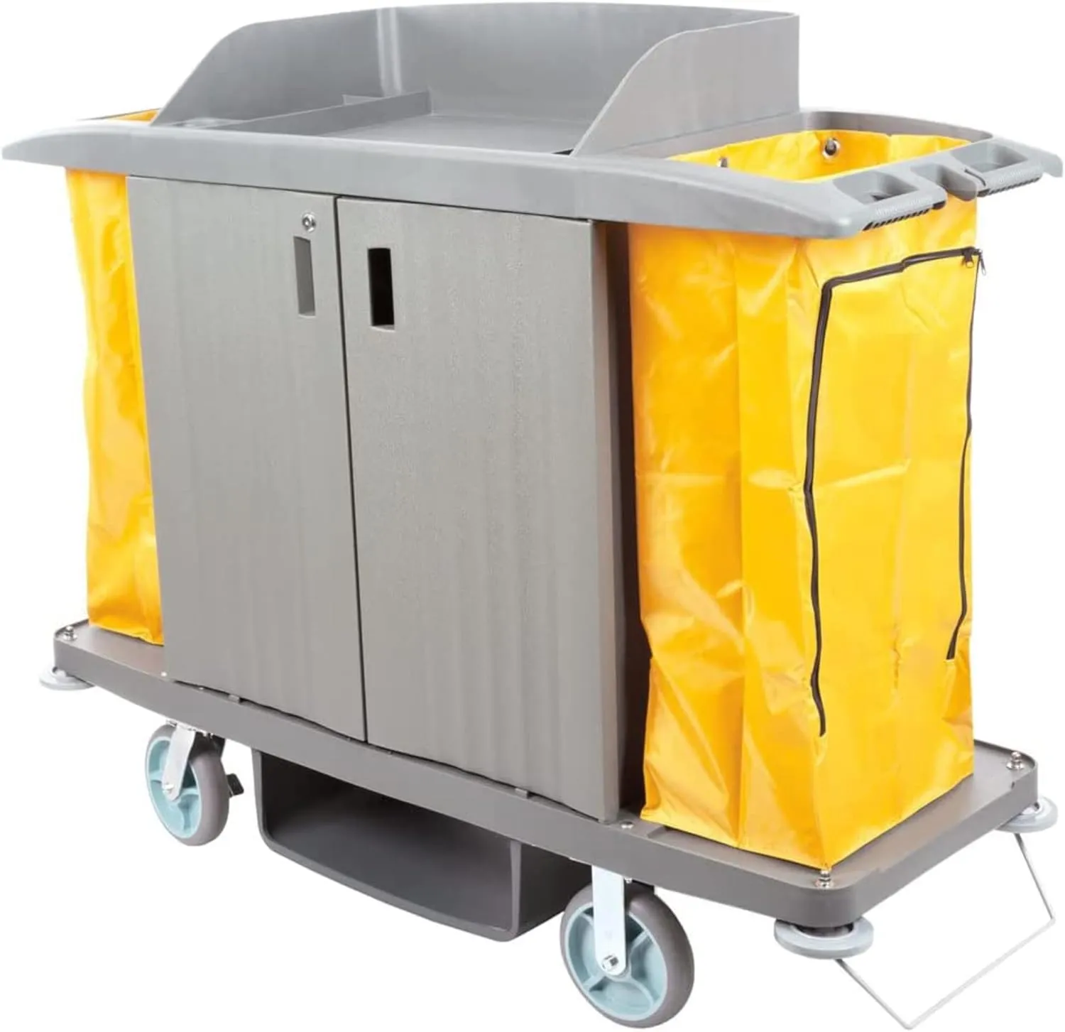 Large Locking Three-Shelf Commercial Premium Housekeeping Cart With Hanging Bags for Lodging Hotel - Janitor Cleaning Cart on Wheels