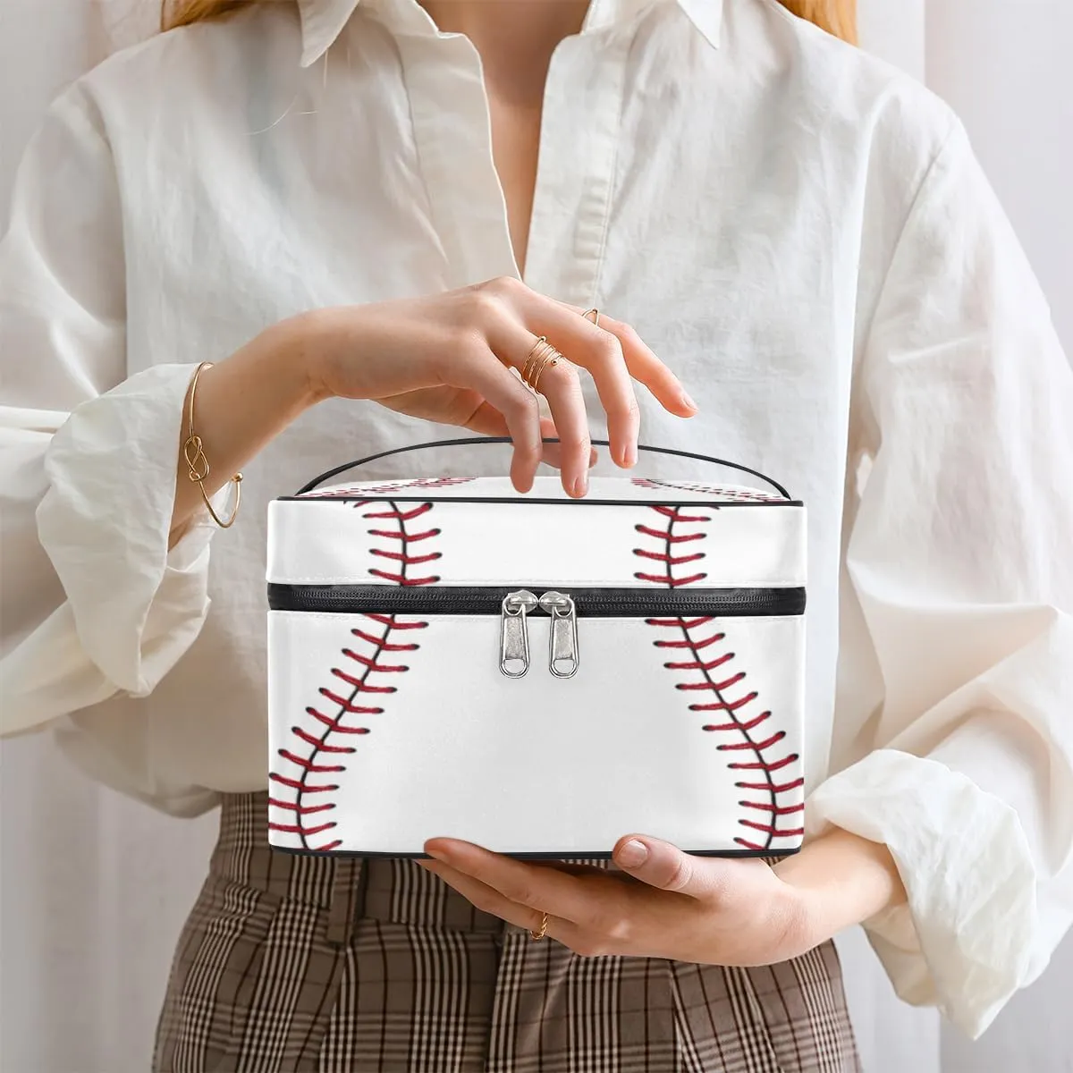 Large Makeup Bag Baseball Cosmetic Bag, White Travel Toiletry Bag for Women Cute Red Stitching Skincare Pouches for Organization with Handle,Portable Aesthetic Makeup Box Organizer Case for Girls