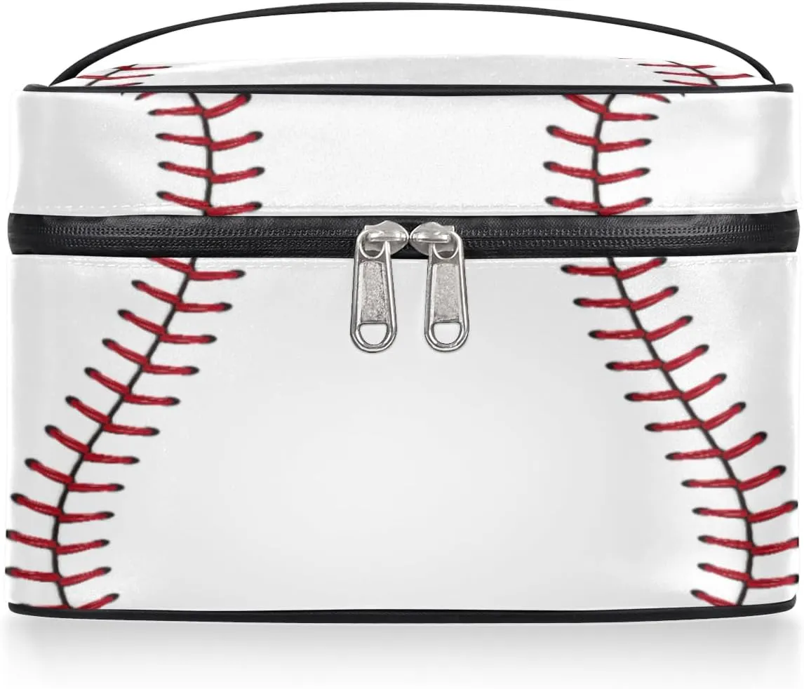 Large Makeup Bag Baseball Cosmetic Bag, White Travel Toiletry Bag for Women Cute Red Stitching Skincare Pouches for Organization with Handle,Portable Aesthetic Makeup Box Organizer Case for Girls