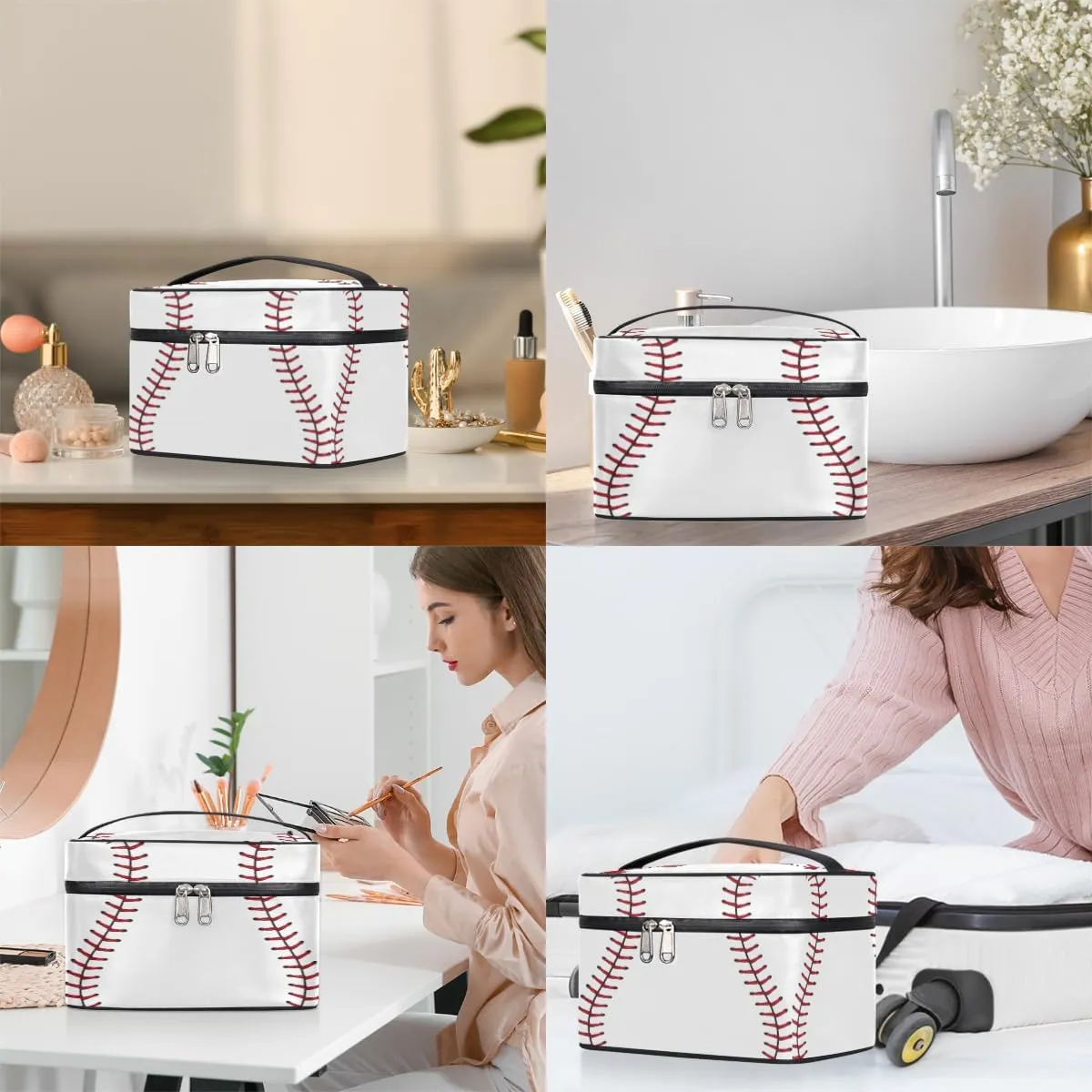 Large Makeup Bag Baseball Cosmetic Bag, White Travel Toiletry Bag for Women Cute Red Stitching Skincare Pouches for Organization with Handle,Portable Aesthetic Makeup Box Organizer Case for Girls