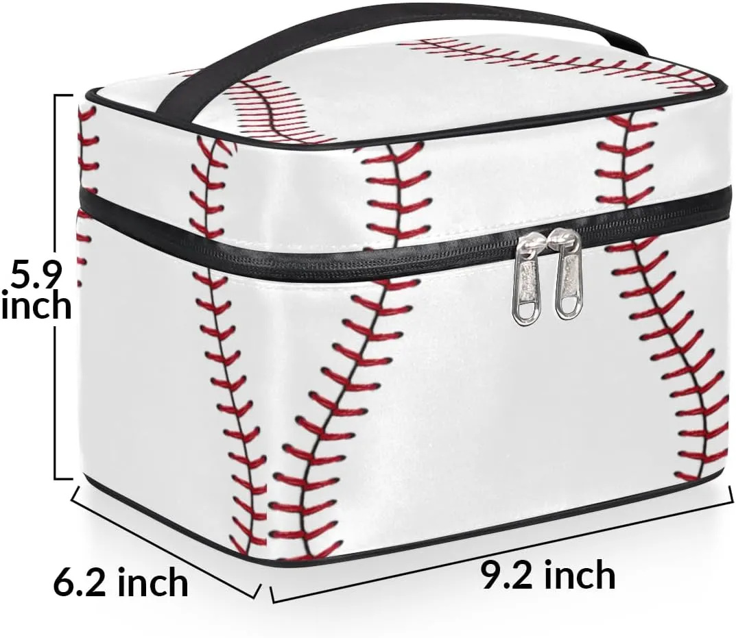 Large Makeup Bag Baseball Cosmetic Bag, White Travel Toiletry Bag for Women Cute Red Stitching Skincare Pouches for Organization with Handle,Portable Aesthetic Makeup Box Organizer Case for Girls